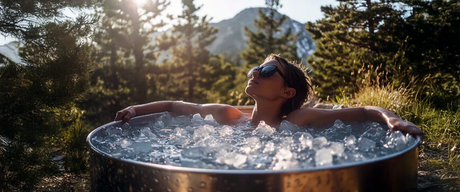 woman sitting in ice filled cold plunge outside in a mountainous natural landscape