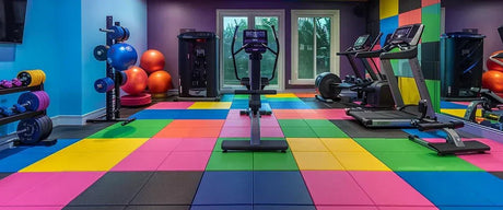 A gym with different colored rubber floor tiles inside.