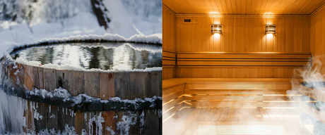 A split image with a cold plunge barrel on the left side and a steamy hot sauna on the right side.