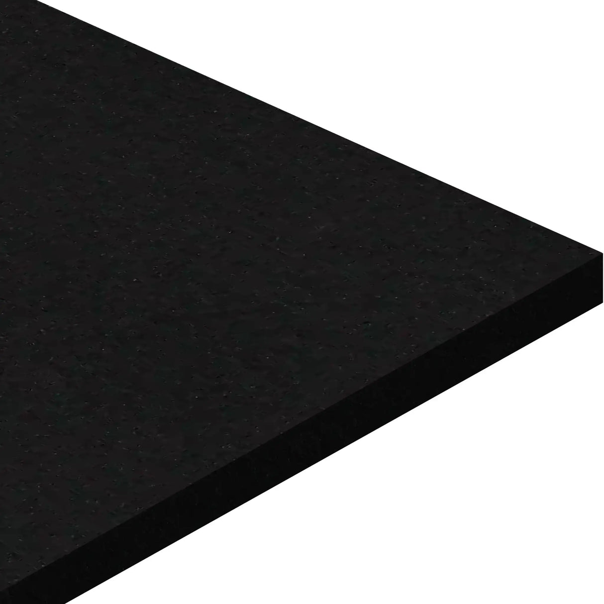 A close-up of the corner of an ECORE Basic Fit Rubber Roll - 8mm Flooring slab by ECORE Athletic, featuring a flat, rectangular, black surface with a polished finish against a white background.