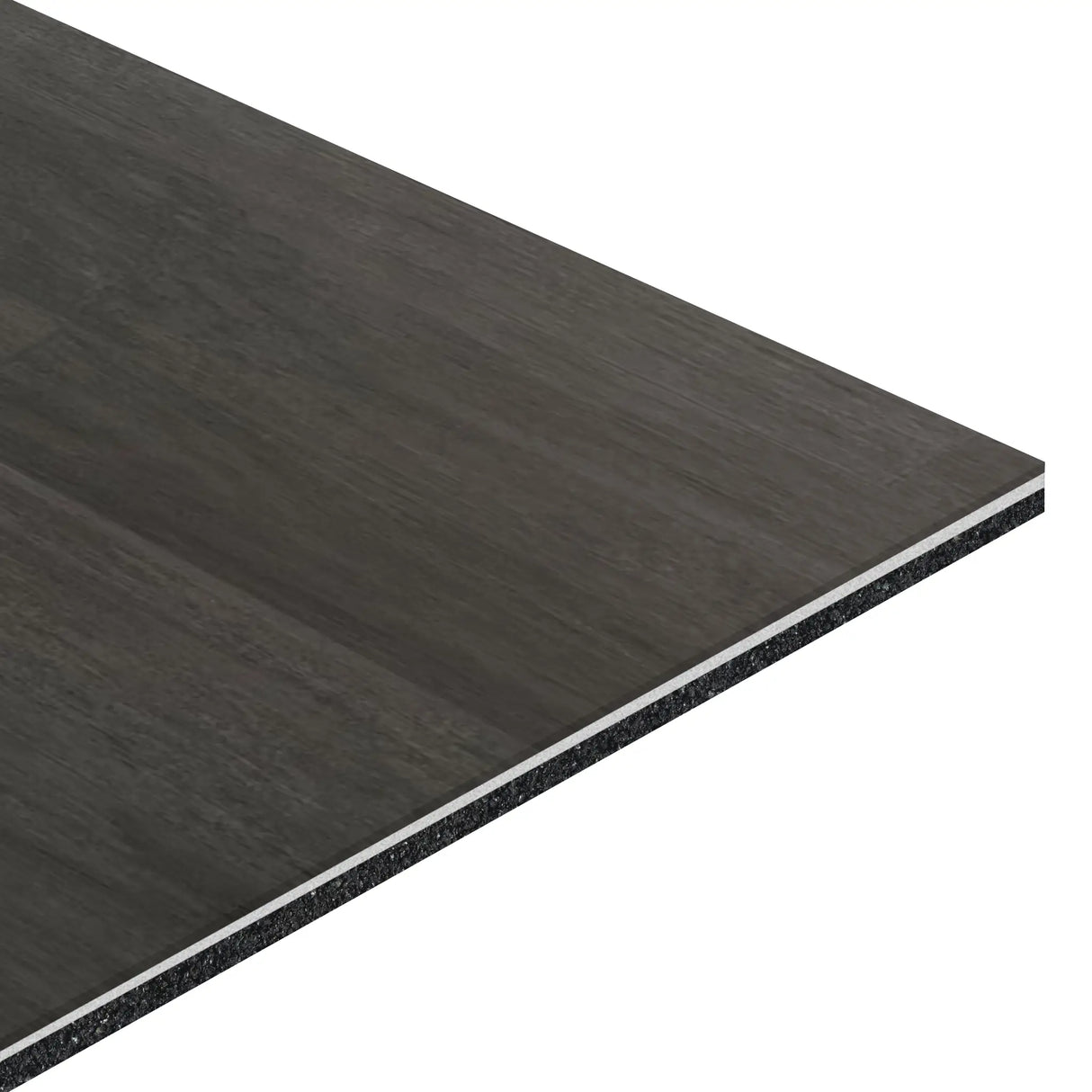 A close-up of the ECORE Athletic Balanced Motivate Laminate Roll - 7mm Class 1 Flooring highlights its rectangular, dark surface with a wood-like finish and visible underlying core layers.