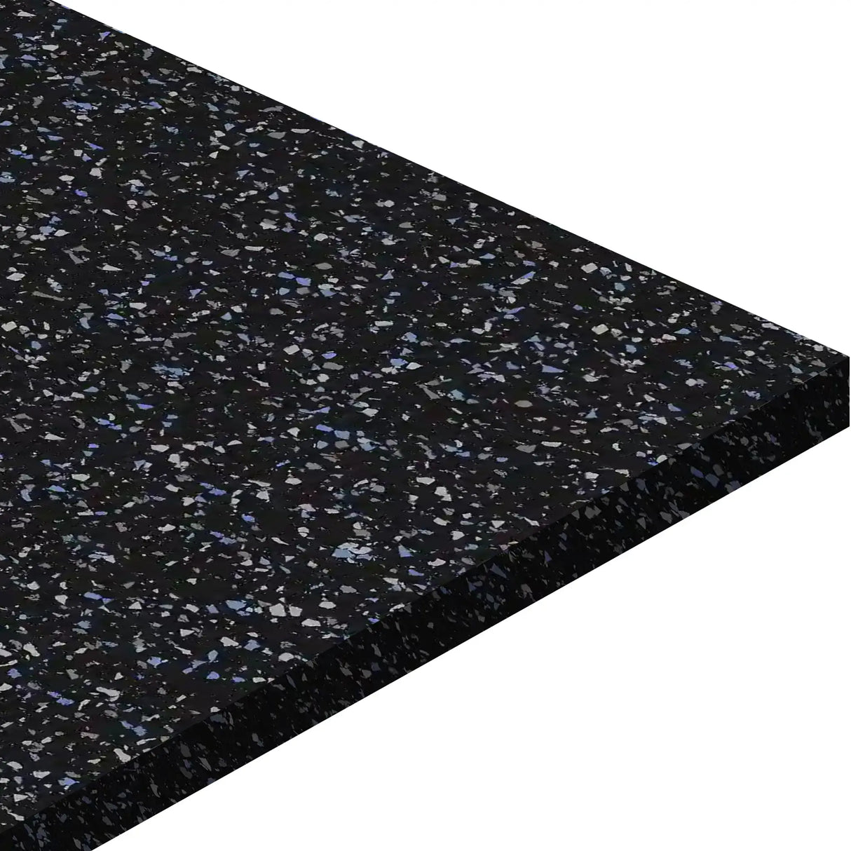 A close-up of the ECORE Basic Fit Rubber Roll - 8mm Flooring by ECORE Athletic, featuring a black surface with blue, white, and gray speckles, shown at an angle to highlight its thickness and textured finish.
