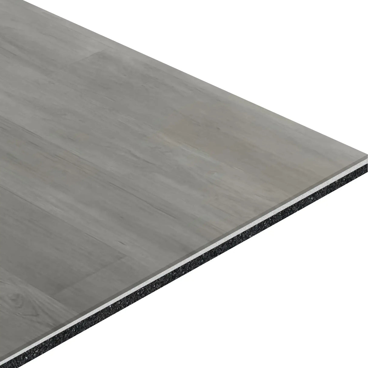 A close-up of the ECORE Baller Motivate Laminate Roll - 7mm Class 1 Flooring by ECORE Athletic shows its rectangular, gray plank with wood grain texture, layered construction, and black core material along the edge.