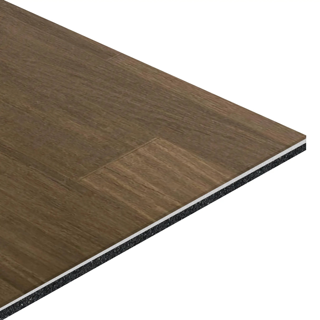 Close-up of ECORE Athletic's Balanced Motivate Laminate Roll - 7mm Class 1 Flooring, showing its rectangular shape, wood grain pattern, layered construction, and beveled edge against a white background.