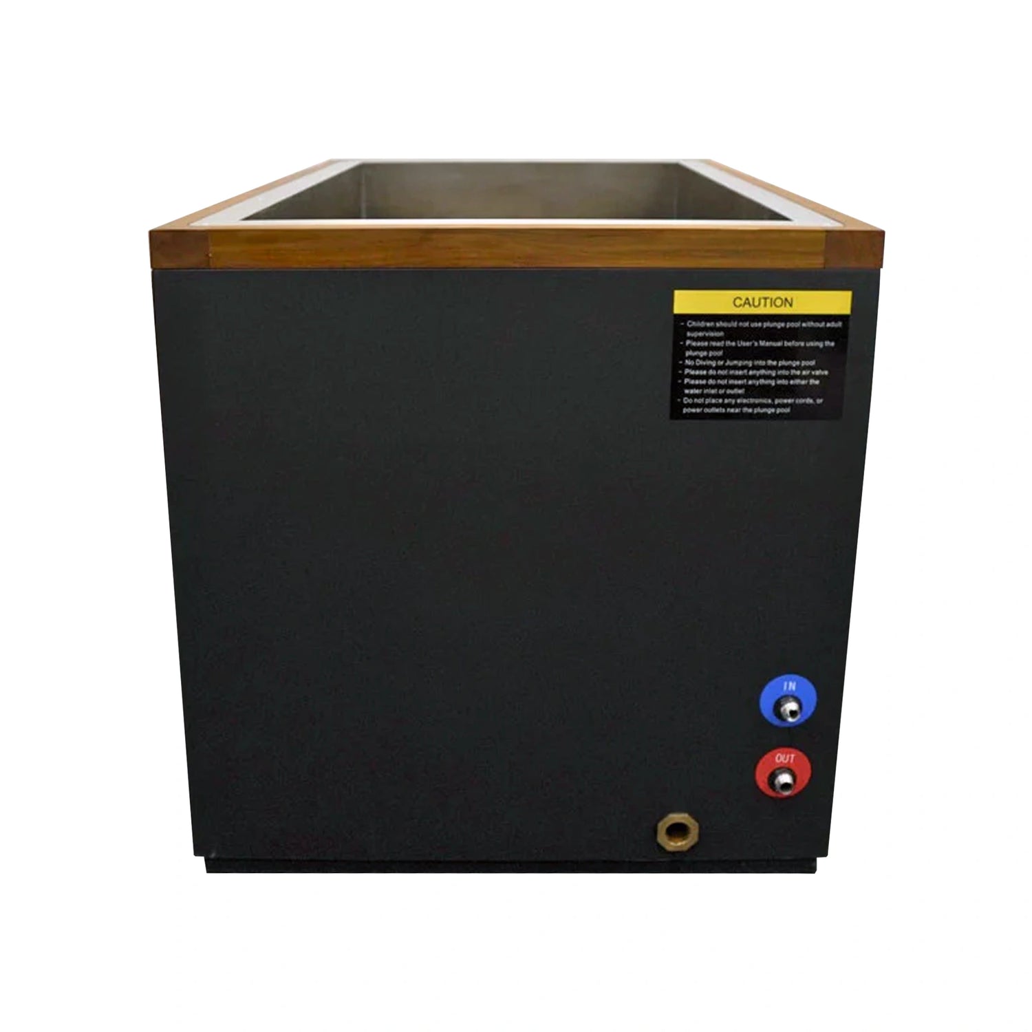 Black rectangular cold plunge with wooden trim on a white background