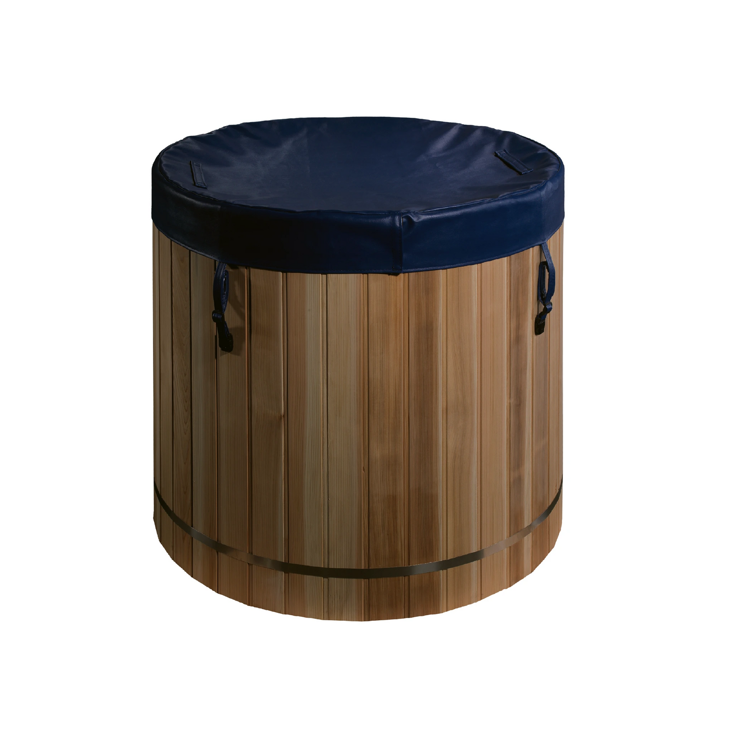 Stainless steel red cedar barrel cold plunge with a blue lid buckled on top