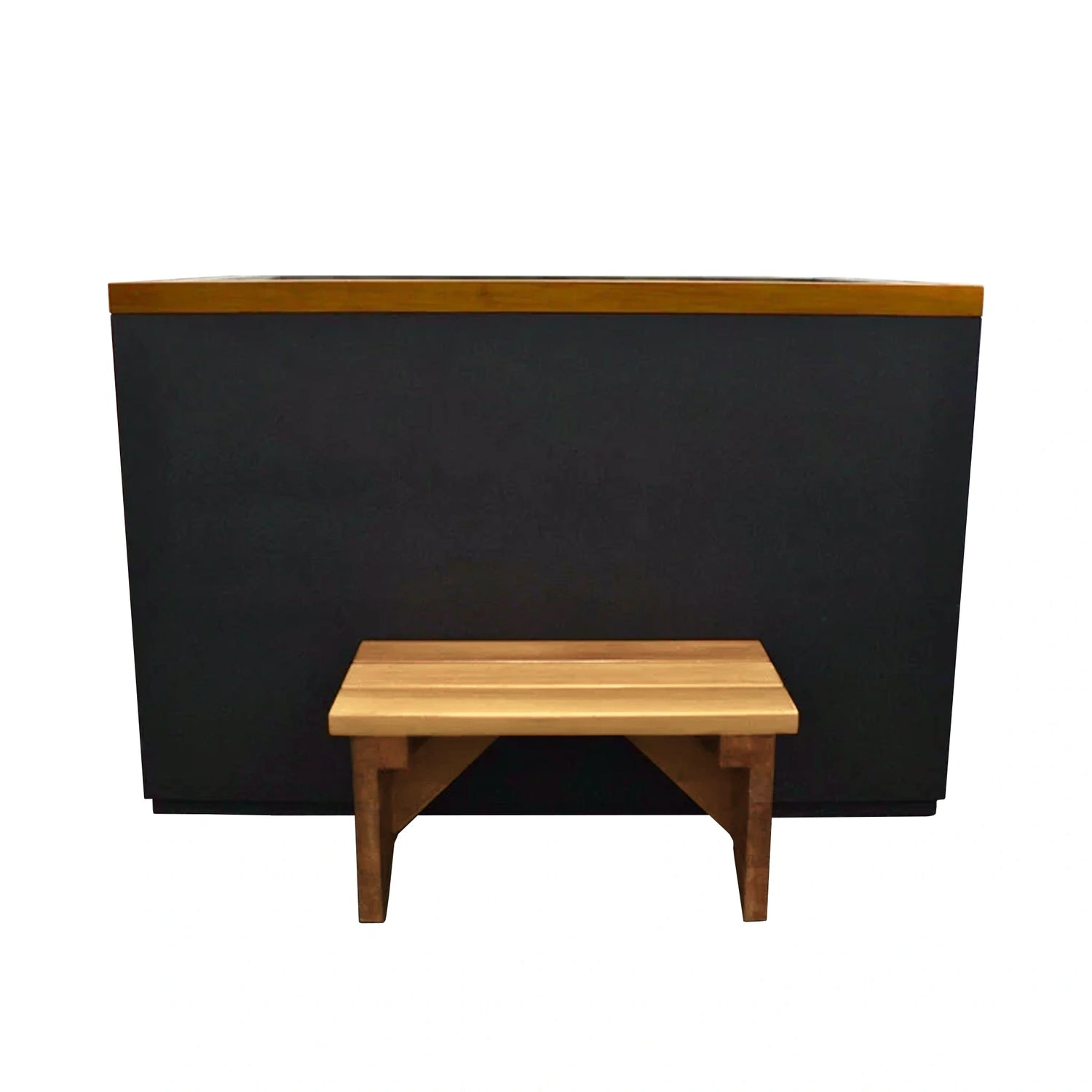 Black rectangular cold plunge with wooden trim and step stool on a white background