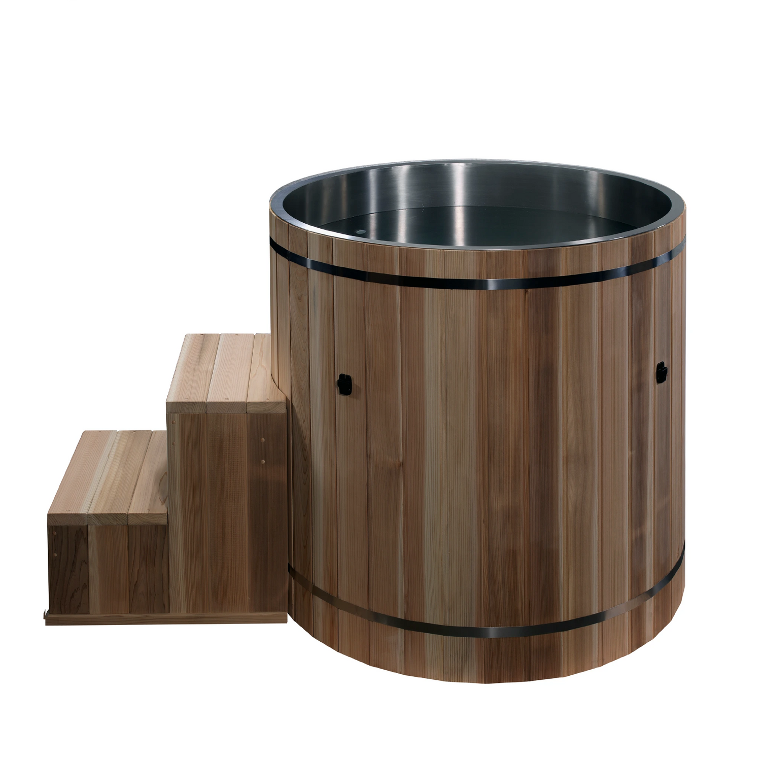 Stainless steel red cedar barrel cold plunge with removeable wooden stairs next to it