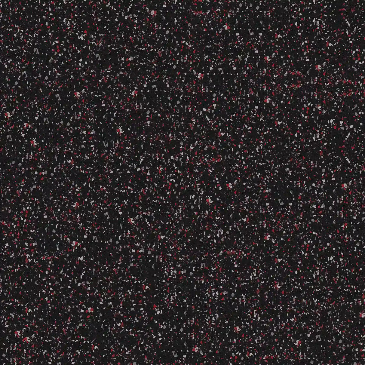 ECORE Athletic’s ECORE Basic Fit Rubber Roll – 8mm Flooring features a black surface with scattered small red, white, and gray flecks, resembling confetti or crumbs on a dark background.