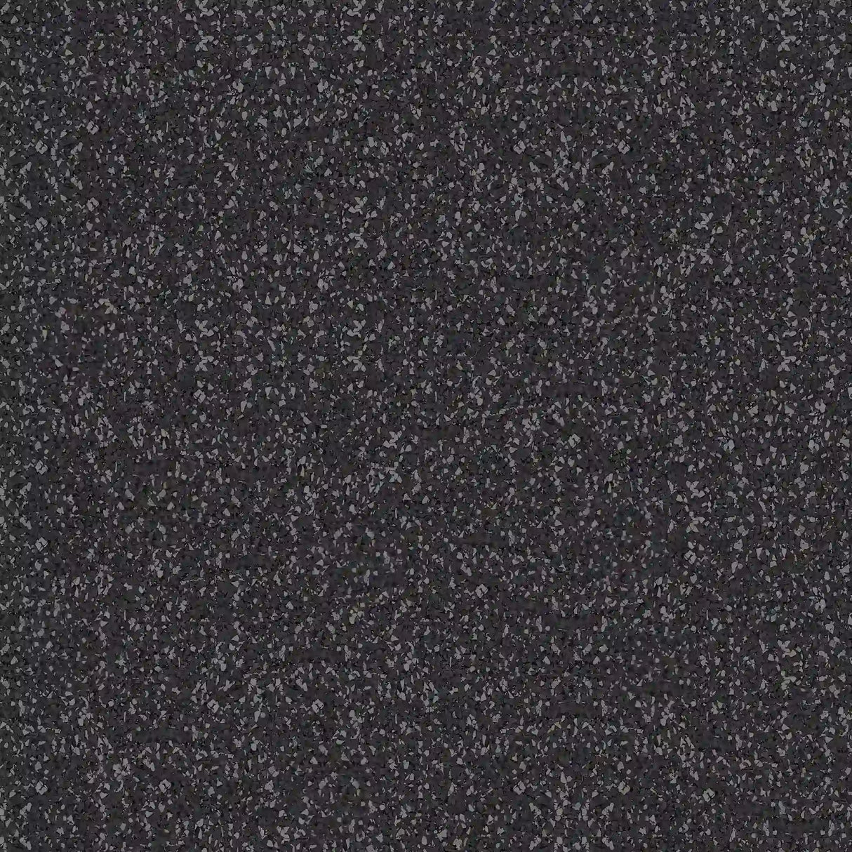 A close-up of ECORE Athletic’s ECORE Basic Fit Rubber Roll - 8mm Flooring shows a dark, speckled surface with light gray and white flecks evenly distributed, resembling black or dark gray granite.