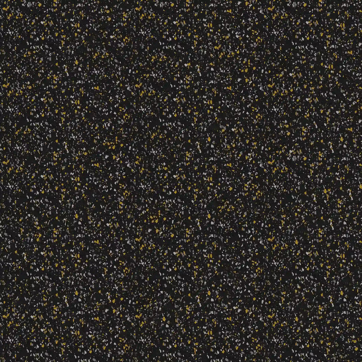 The ECORE Basic Fit Rubber Roll - 8mm Flooring by ECORE Athletic features a black background with scattered yellow, white, and gray specks, creating a terrazzo-style look reminiscent of a starry night sky.