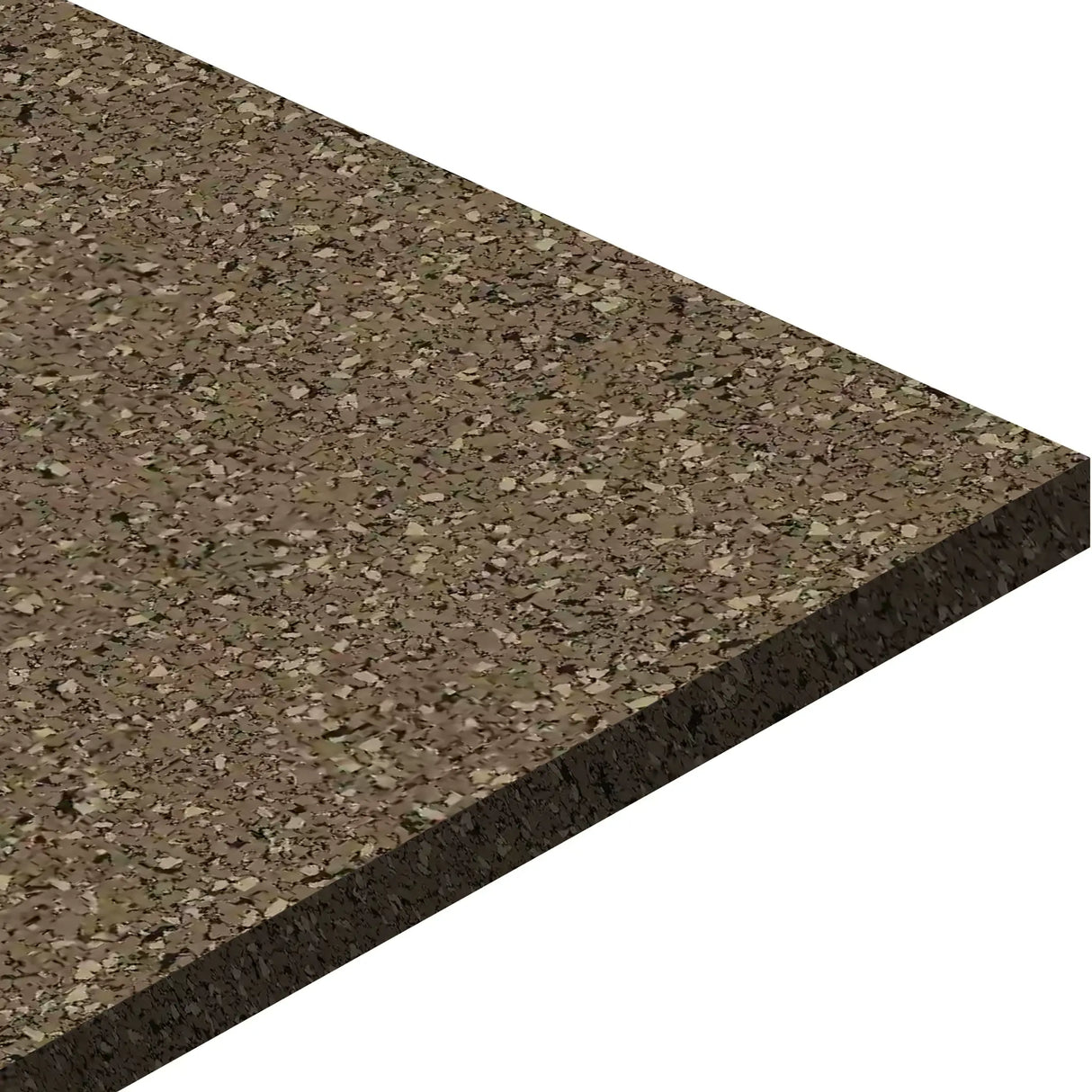 A close-up of ECORE Basic Fit Rubber Roll - 8mm Flooring by ECORE Athletic, featuring a rectangular sheet with a speckled brown and tan cork and rubber texture, shown against a white background.