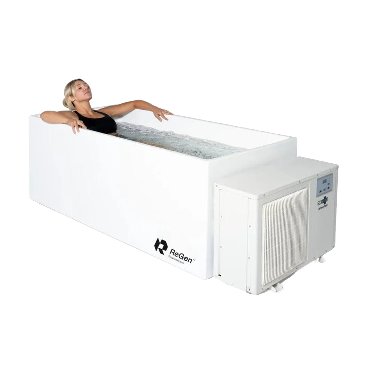 A white rectangular cold plunge with an external chiller and a woman lying inside it