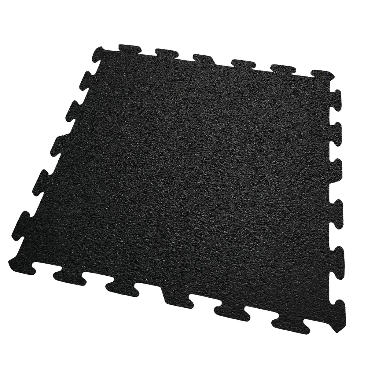An ECORE Athletic Rubber Floor Tiles - 8mm Interlocking mat in black features a textured surface and puzzle-like edges for easy connection to other tiles.