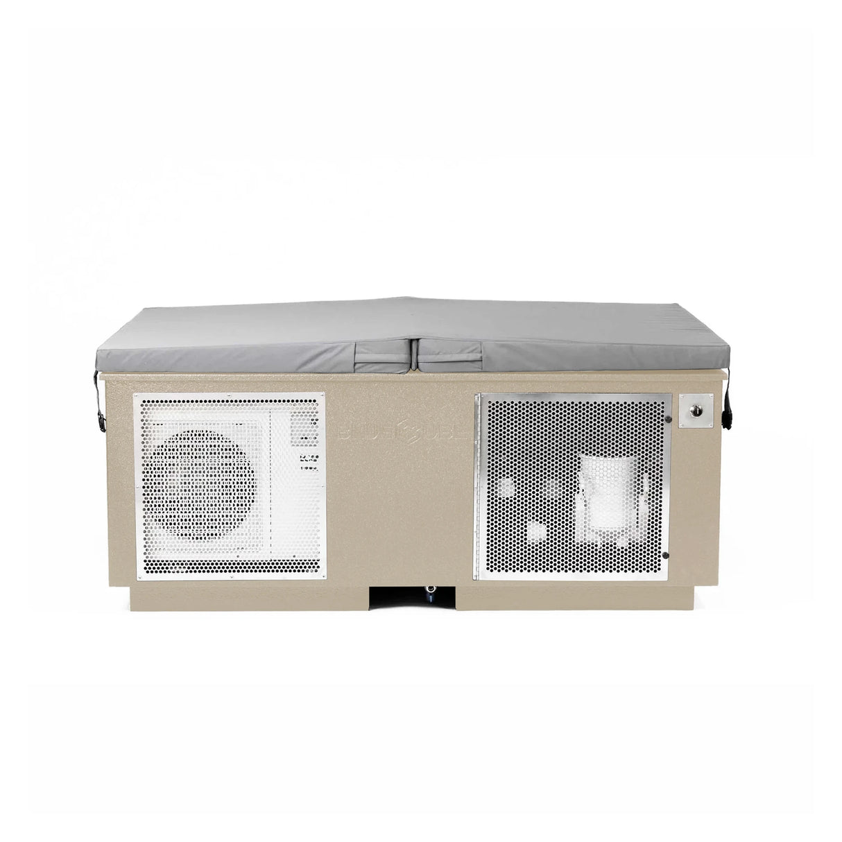 Beige BlueCube CoreChill 3 Elite Cold Plunge Tub with line-x coating and spa cover on top which is commercial grade and handmade in America