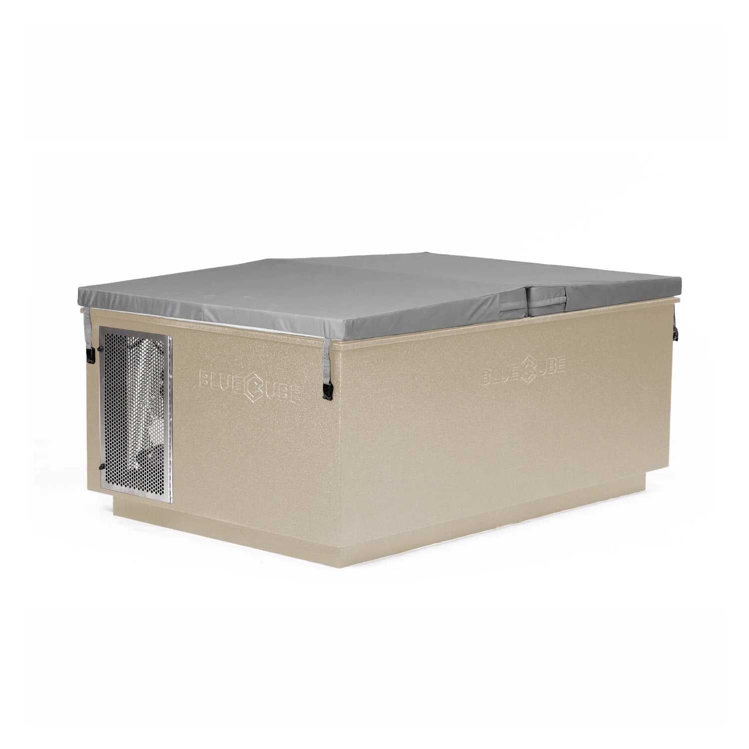 Beige BlueCube CoreChill 3 Elite Cold Plunge Tub with line-x coating and spa cover on top which is commercial grade and handmade in America