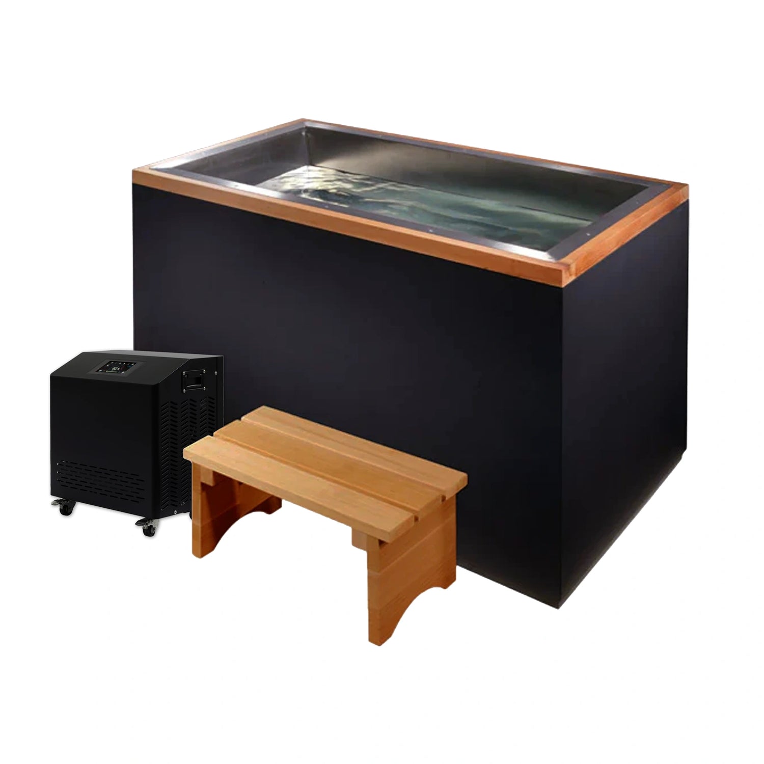 Black cold plunge with a wooden step stool and a black chiller next to it