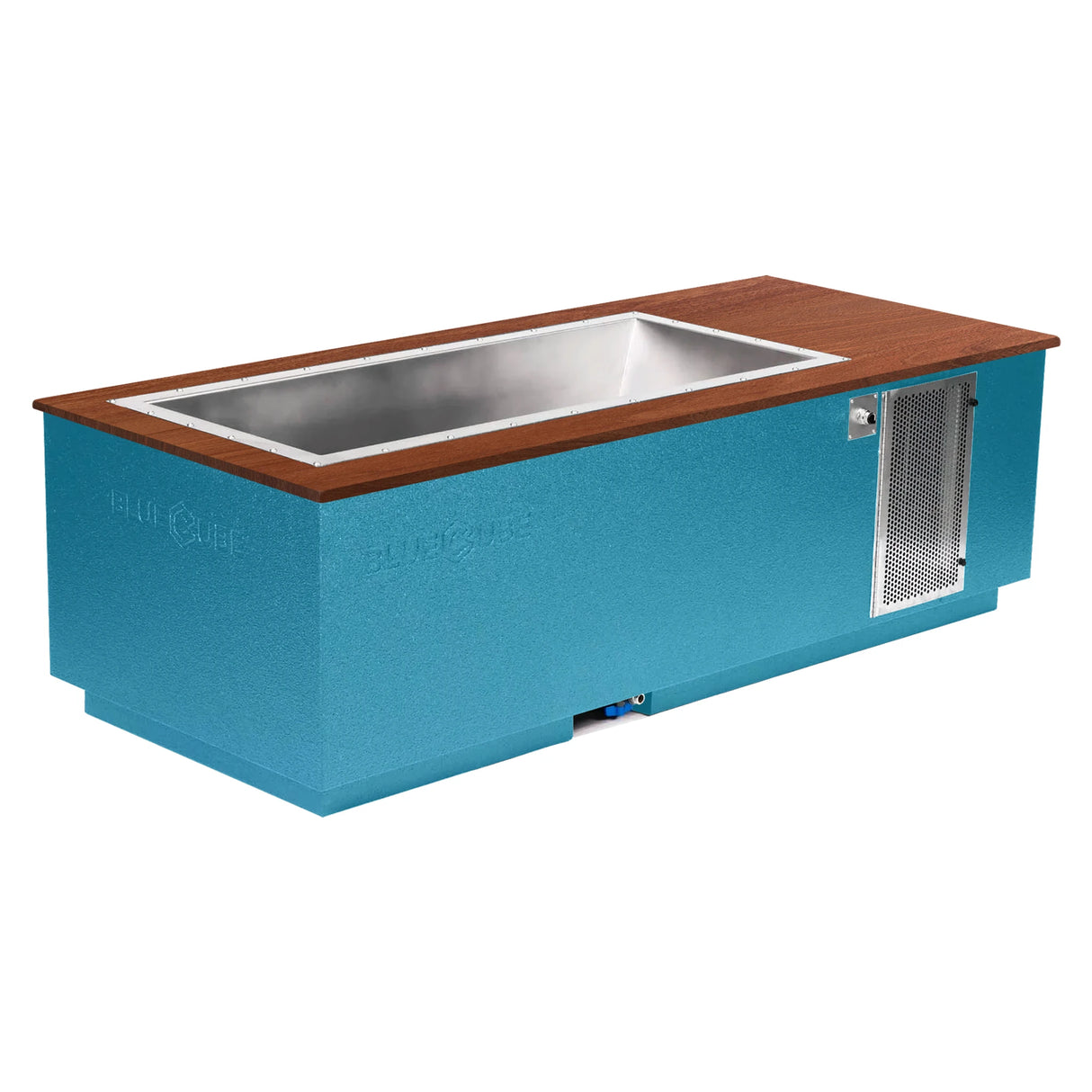 Custom blue BlueCube CoreChill 3 Cold Plunge Tub with walnut top which is commercial grade and handmade in America