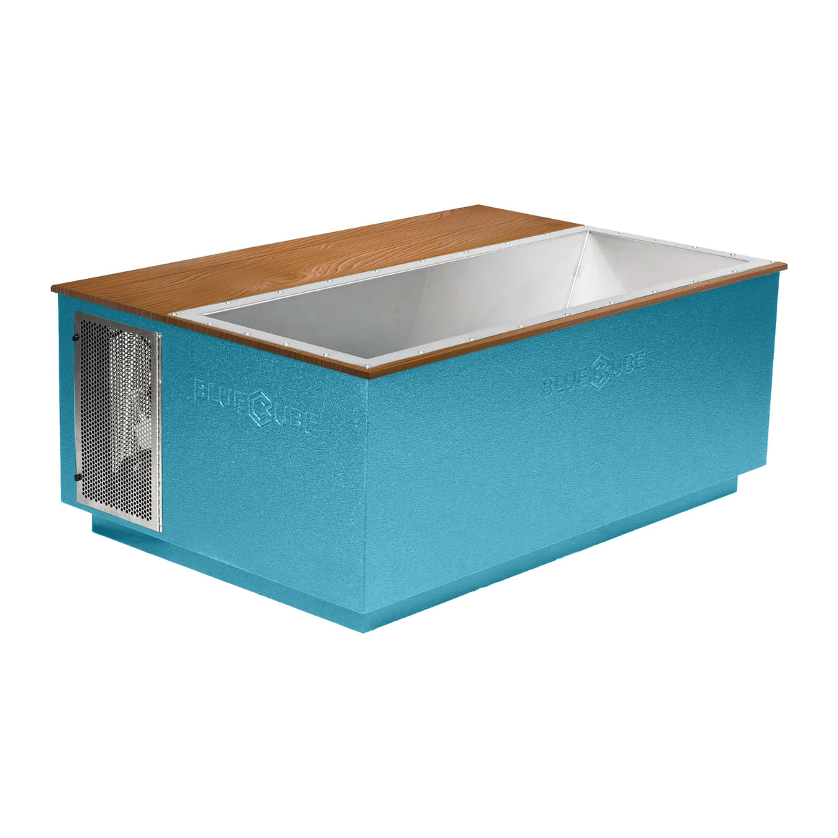 Light blue BlueCube CoreChill 3 Elite Cold Plunge Tub with mahogany top which is commercial grade and handmade in America