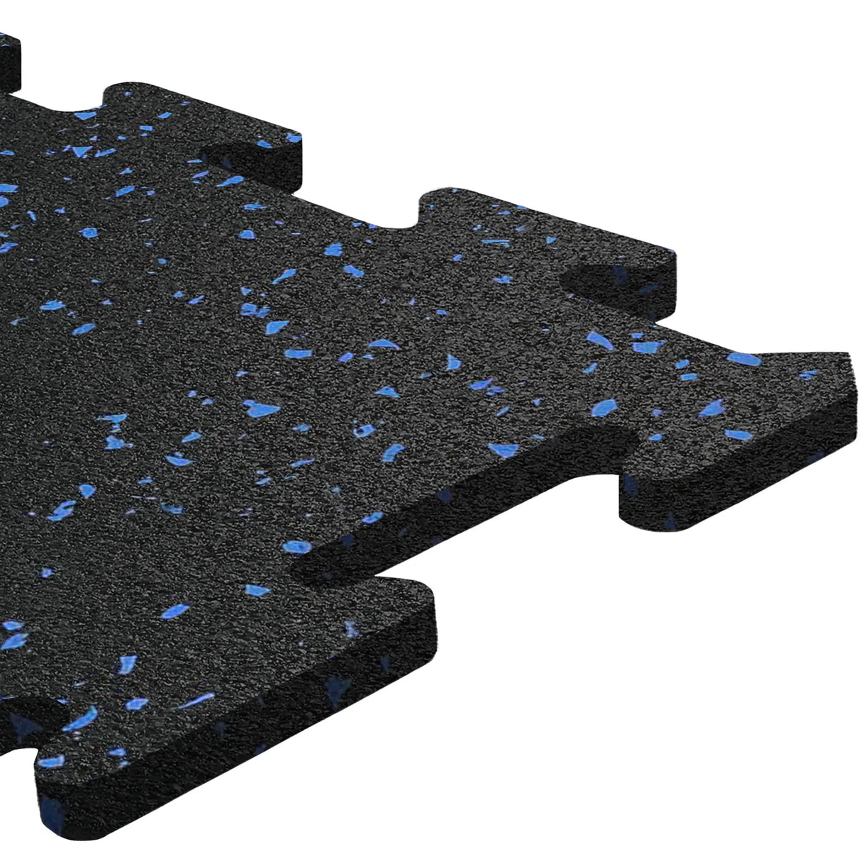 Close-up of an ECORE Athletic Rubber Floor Tile - 8mm Interlocking, featuring a black surface with blue specks, textured finish, and puzzle-like edges for easy connection to other tiles.