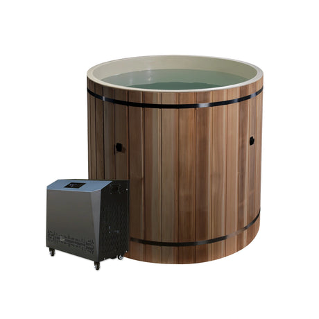 Cedar barrel cold plunge with a chiller on the ground next to it