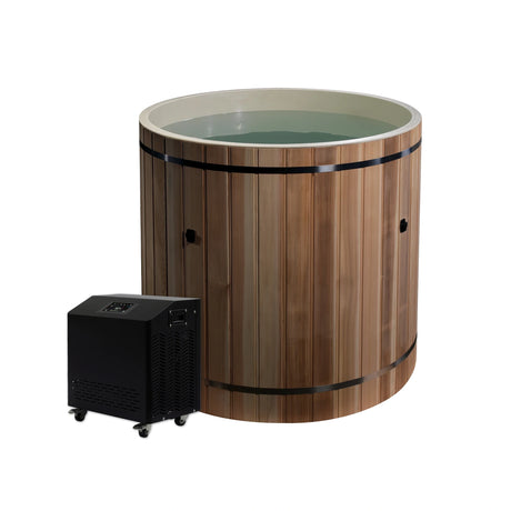 Cedar barrel cold plunge with a chiller on the ground next to it