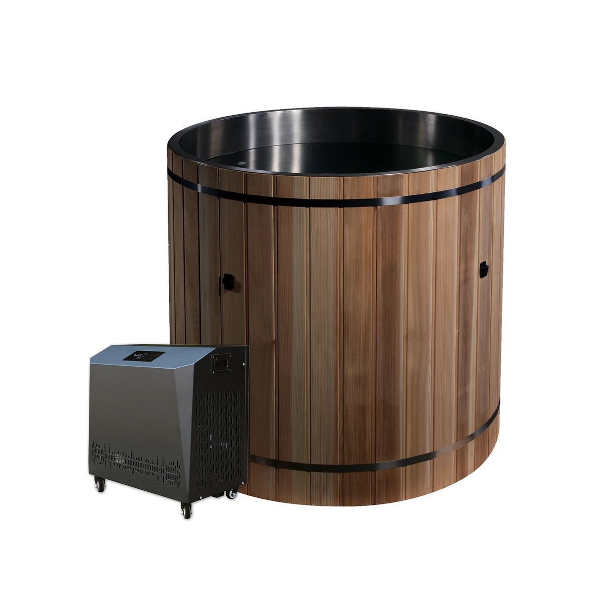 Stainless steel red cedar barrel cold plunge with a chiller next to it