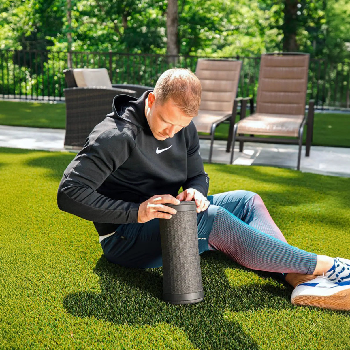 Vibrating foam roller with built in battery pack made by Hyperice