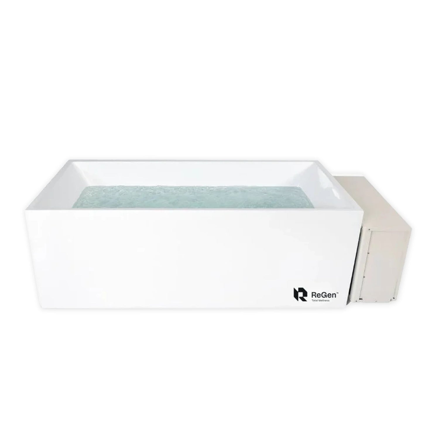 A white rectangular cold plunge filled with water with an external chiller