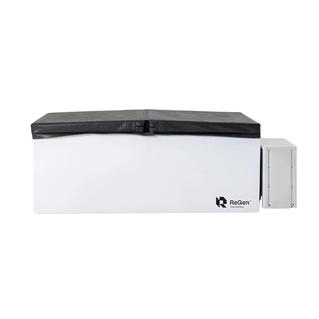 A white rectangular cold plunge with a black foam cover on top