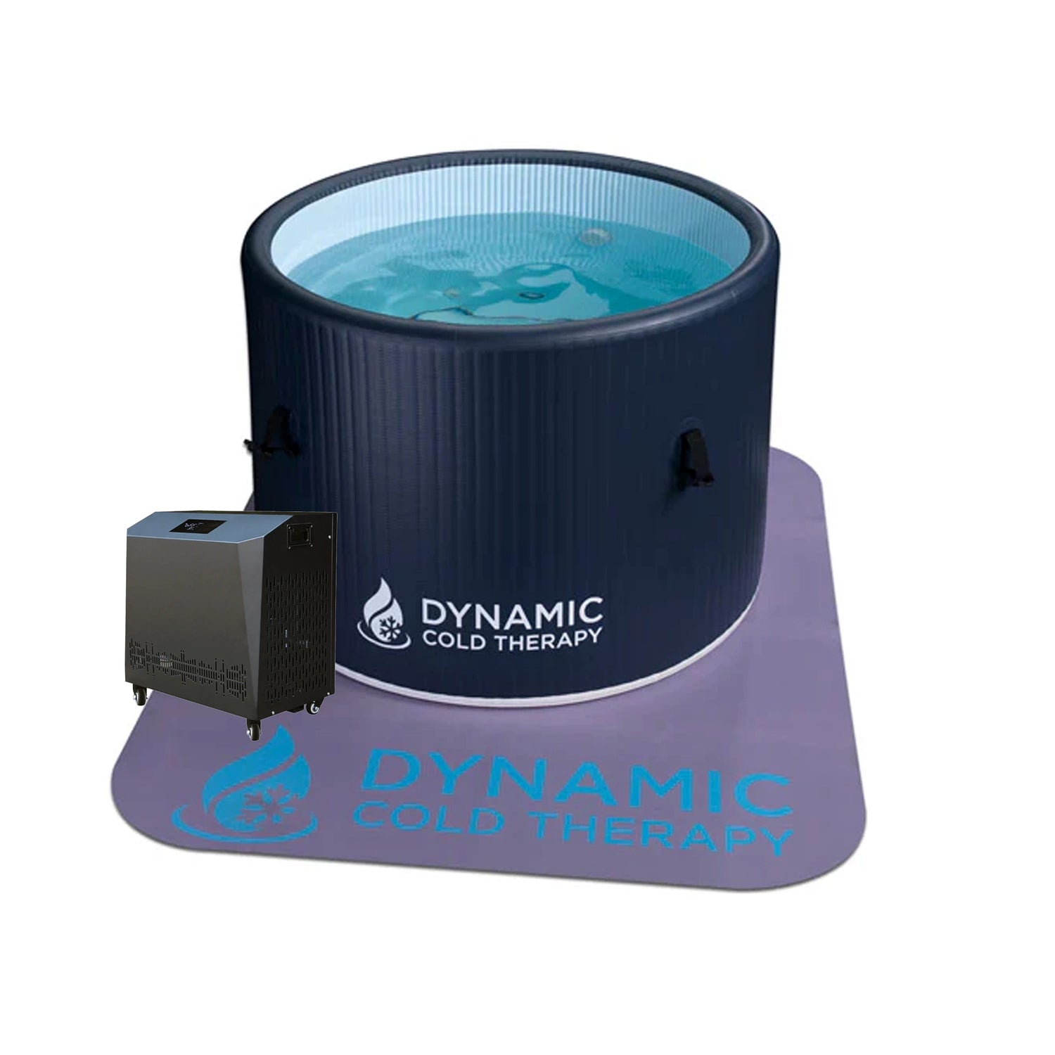 Dark blue inflatable cold plunge on top of a non-slip mat with a chiller next to it