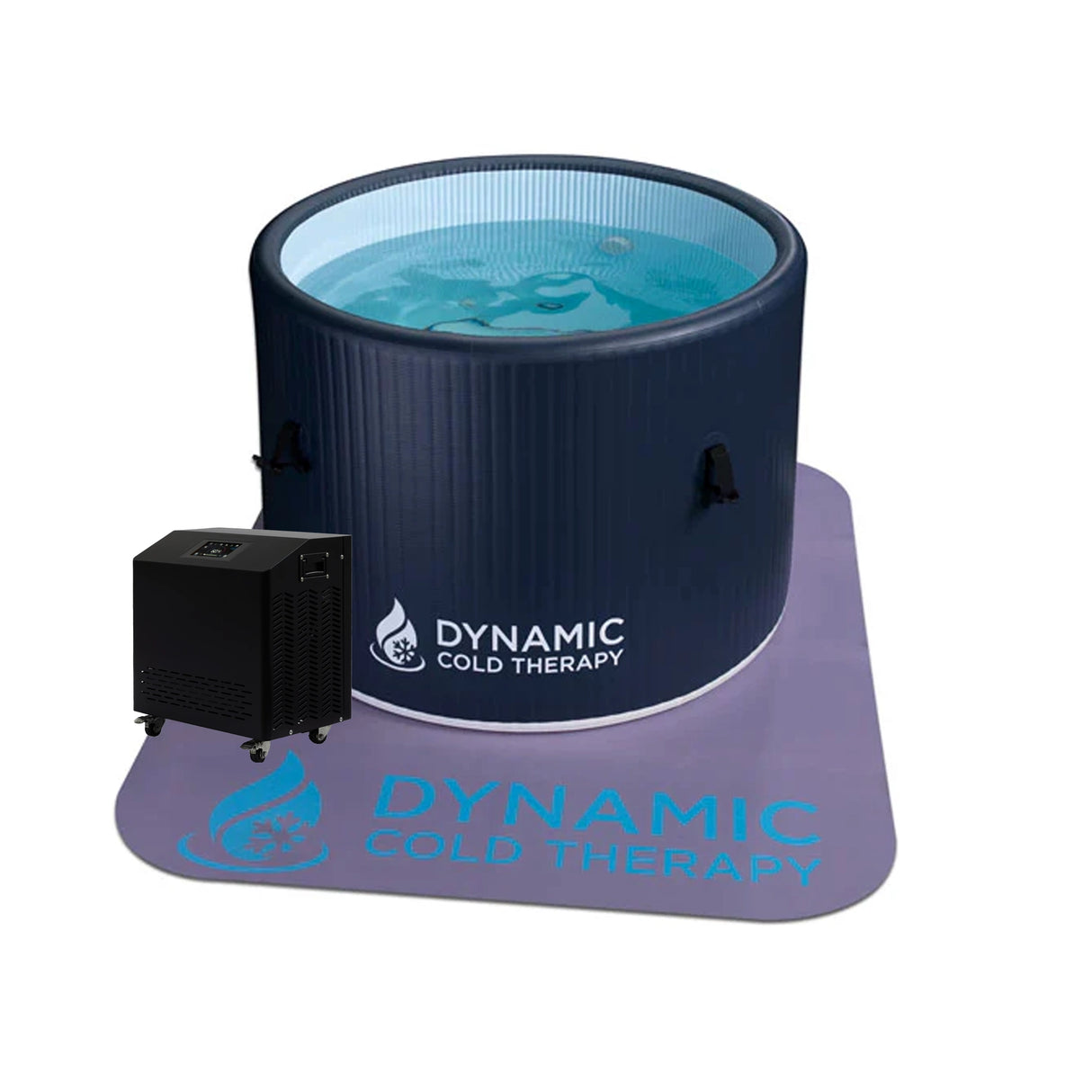 Dark blue inflatable cold plunge on top of a non-slip mat with a chiller next to it