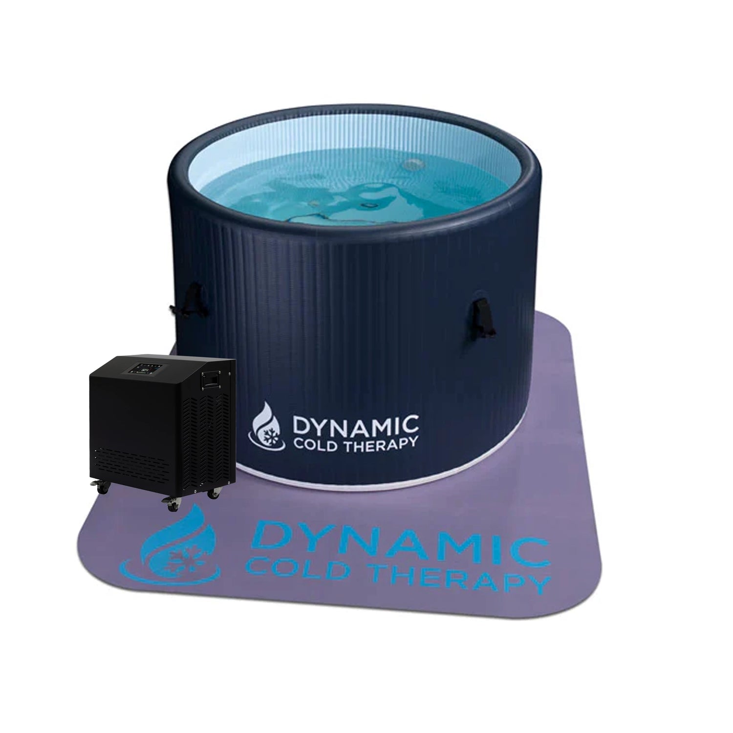 Dark blue inflatable cold plunge on top of a non-slip mat with a chiller next to it