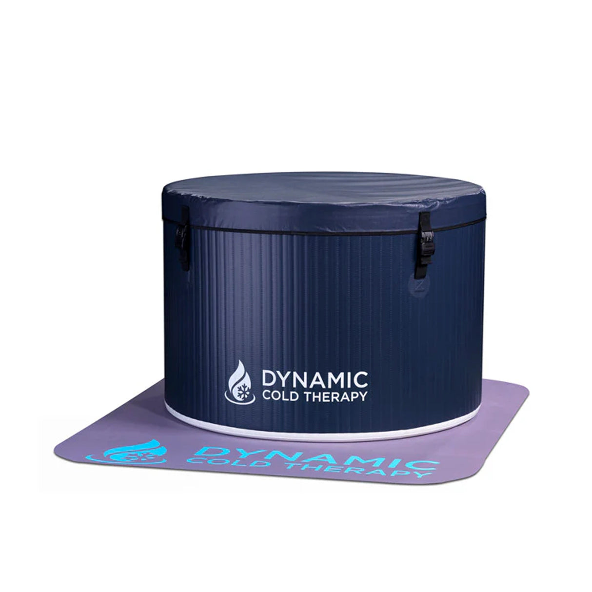 Dark blue circular cold plunge sitting on a non-slip mat with a buckled lid on top of it