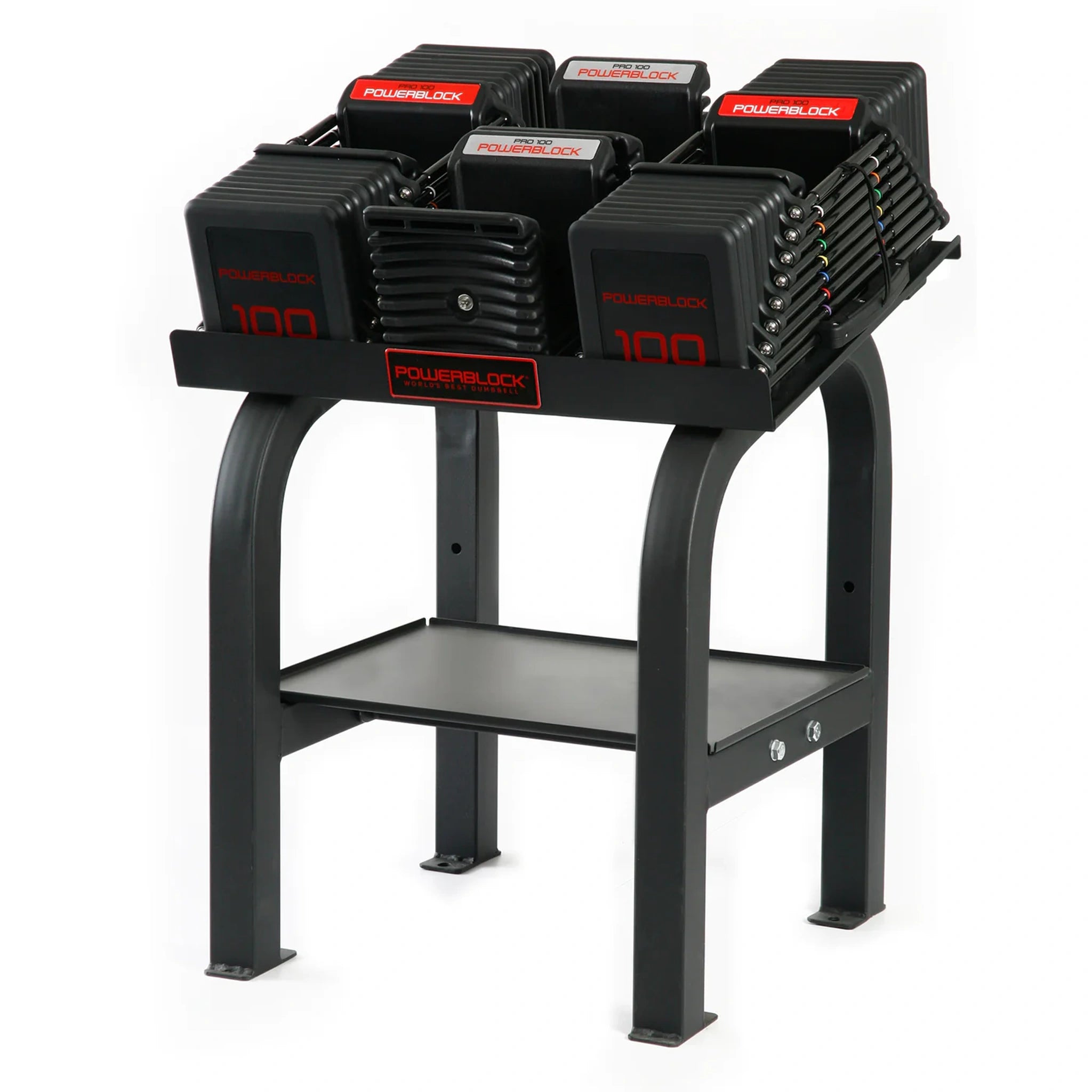 A PowerBlock Commercial Pro Rack Stand with dumbbells and handles on it