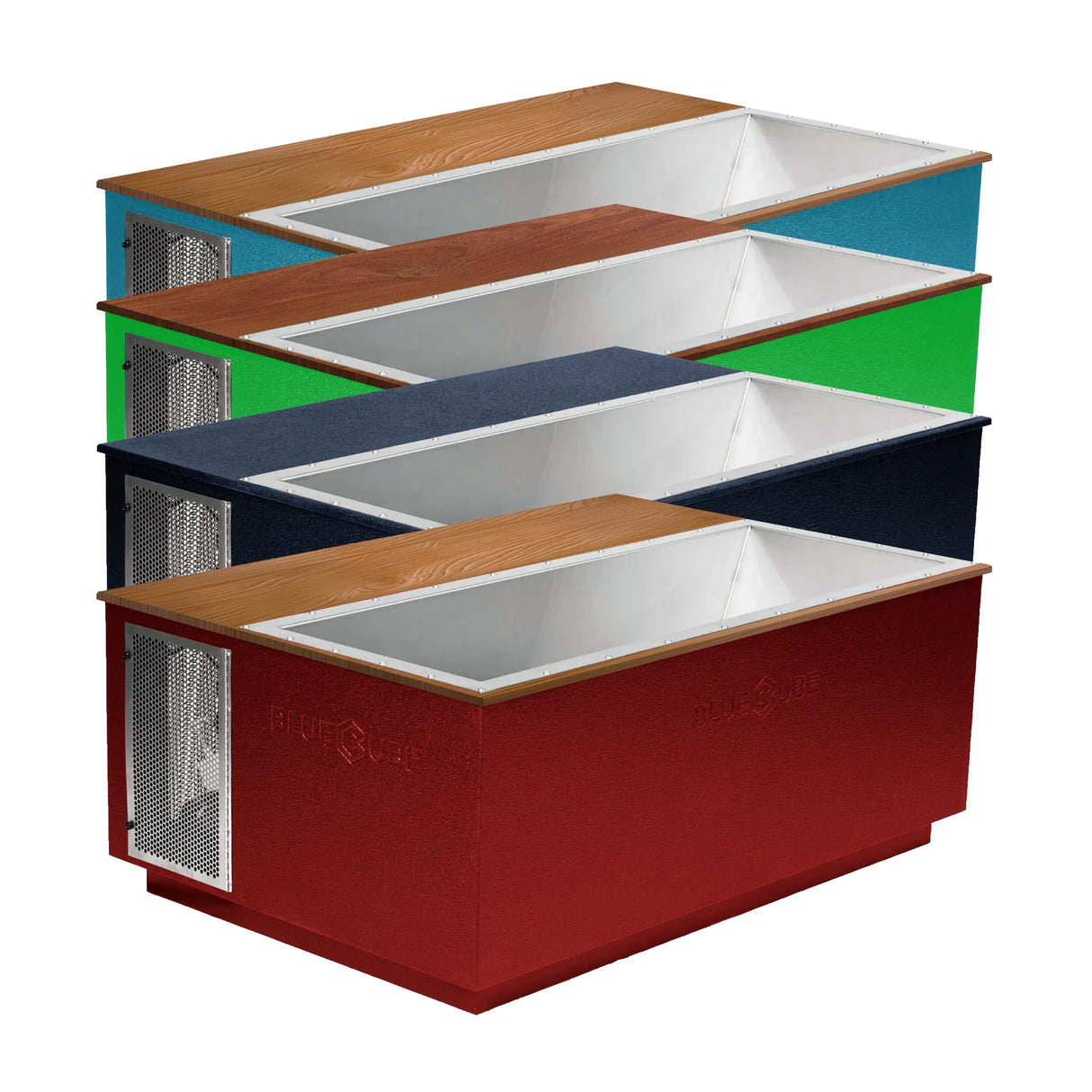 Custom colored BlueCube CoreChill 3 Elite Cold Plunge Tubs with line-x coatings and hardwood tops which are commercial grade and handmade in America