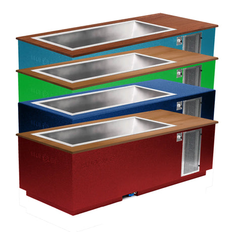 Custom colored BlueCube CoreChill 3 Cold Plunge Tubs with choice of  mahogany, walnut, or line-x tops which are commercial grade and handmade in America