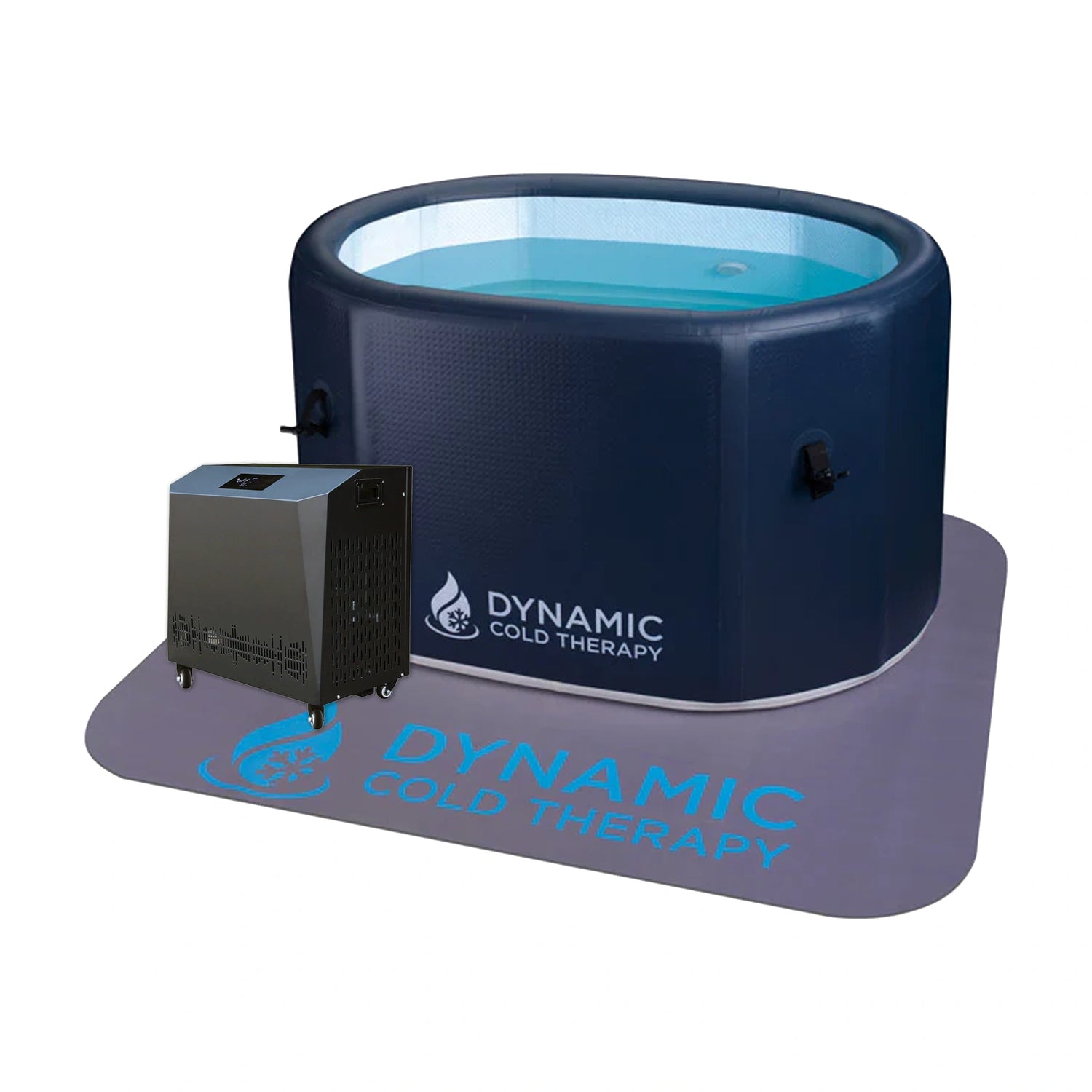 Dark blue inflatable cold plunge on a non-slip mat with a chiller next to it