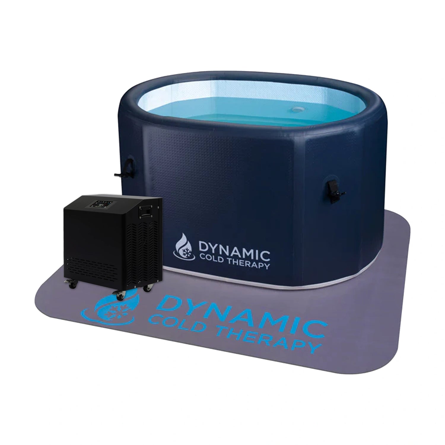 Dark blue inflatable cold plunge on a non-slip mat with a chiller next to it