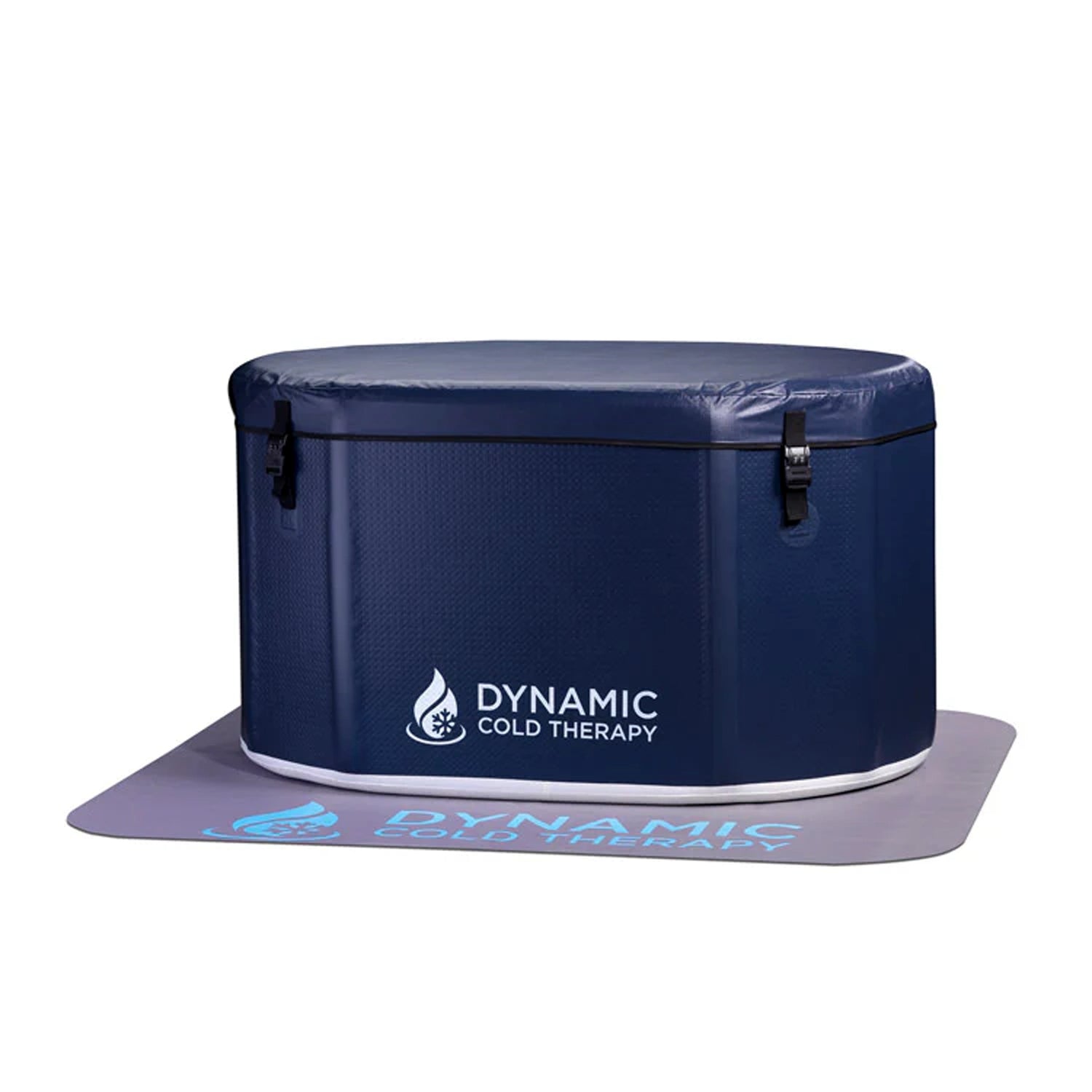 Dark blue inflatable cold plunge sitting on a non-slip mat with a lid buckled on top