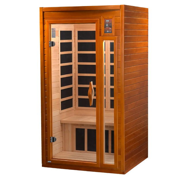 Dynamic Saunas Barcelona model in Canadian Hemlock, offering a compact design with six low EMF carbon heating panels, Bluetooth connectivity, chromotherapy lighting, and a sleek tempered glass door, ideal for 1-2 people with easy installation and minimal maintenance, backed by a 5-year warranty.