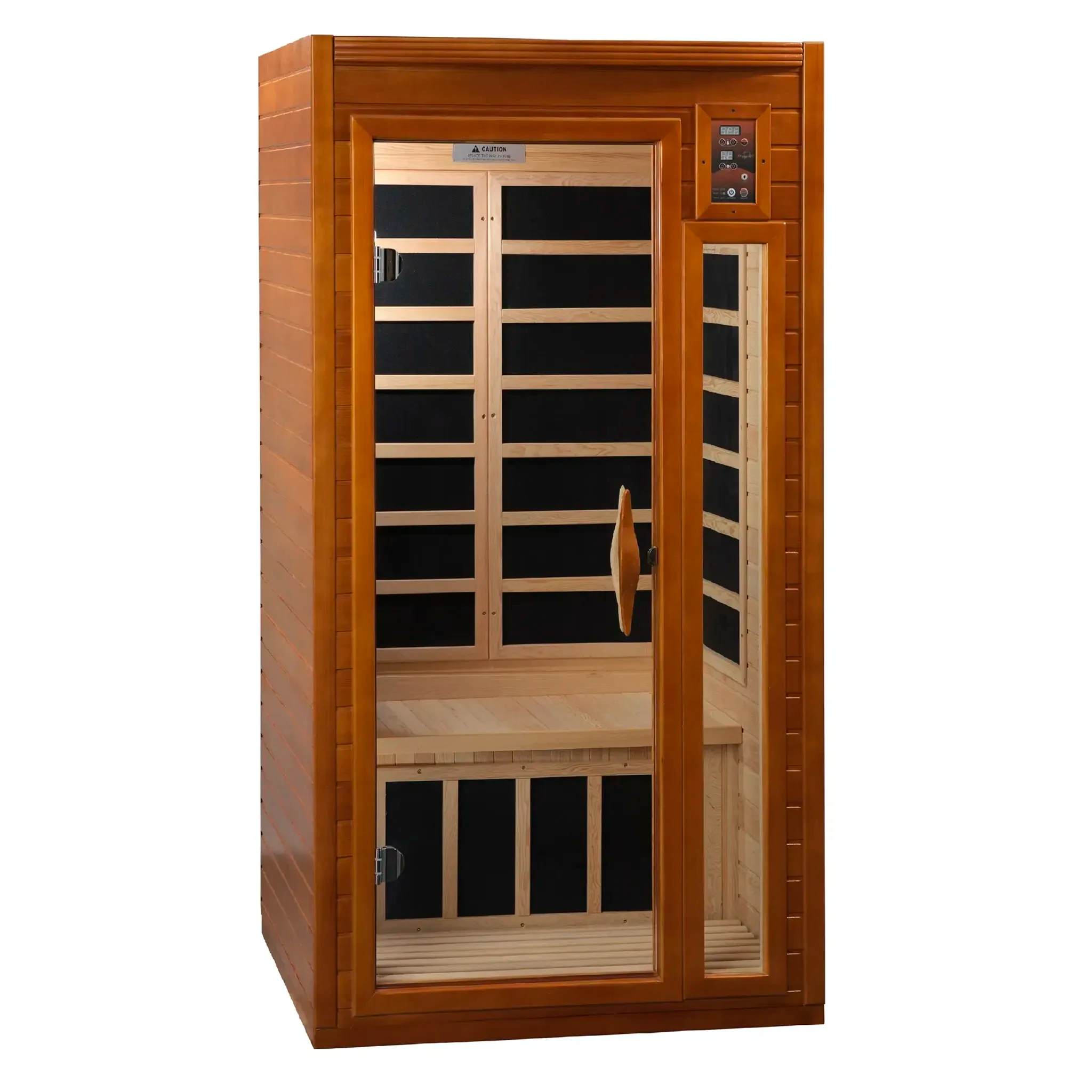 Dynamic Saunas Barcelona model in Canadian Hemlock, offering a compact design with six low EMF carbon heating panels, Bluetooth connectivity, chromotherapy lighting, and a sleek tempered glass door, ideal for 1-2 people with easy installation and minimal maintenance, backed by a 5-year warranty.