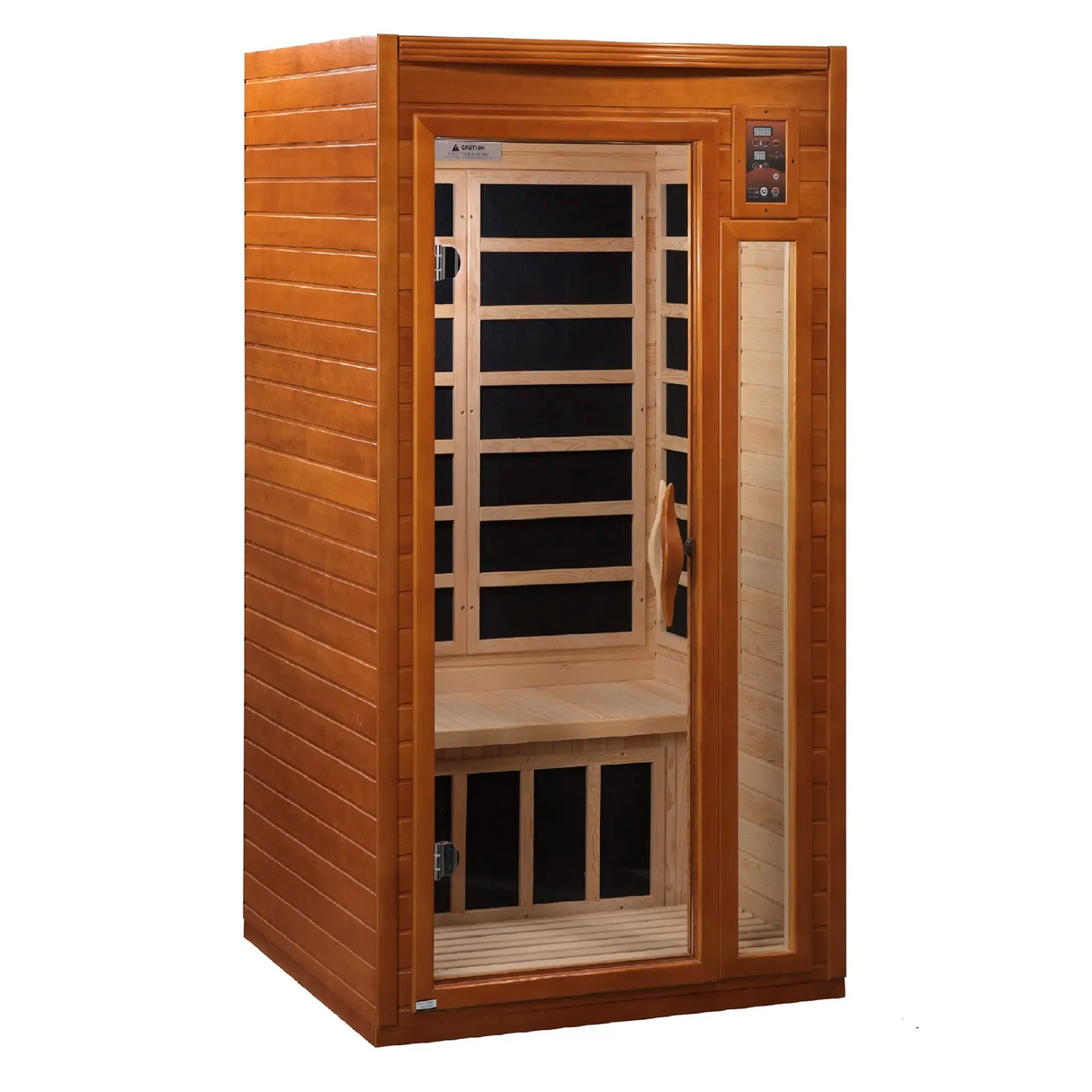 Dynamic Saunas Barcelona model in Canadian Hemlock, offering a compact design with six low EMF carbon heating panels, Bluetooth connectivity, chromotherapy lighting, and a sleek tempered glass door, ideal for 1-2 people with easy installation and minimal maintenance, backed by a 5-year warranty.