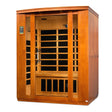 Dynamic Saunas Bellagio FAR Infrared Sauna in Canadian Hemlock, featuring nine carbon heating panels, Bluetooth music system, chromotherapy lighting, and spacious design for three people. Sleek tempered glass door with side windows and roof vent, easy setup, and 5-year warranty ensure a luxurious home sauna experience.