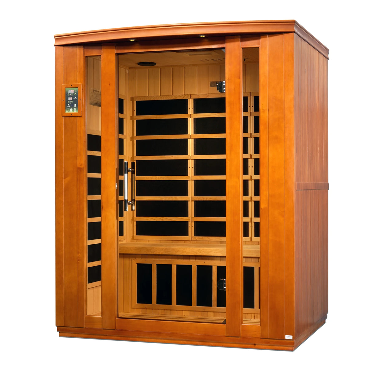 Dynamic Saunas Bellagio FAR Infrared Sauna in Canadian Hemlock, featuring nine carbon heating panels, Bluetooth music system, chromotherapy lighting, and spacious design for three people. Sleek tempered glass door with side windows and roof vent, easy setup, and 5-year warranty ensure a luxurious home sauna experience.