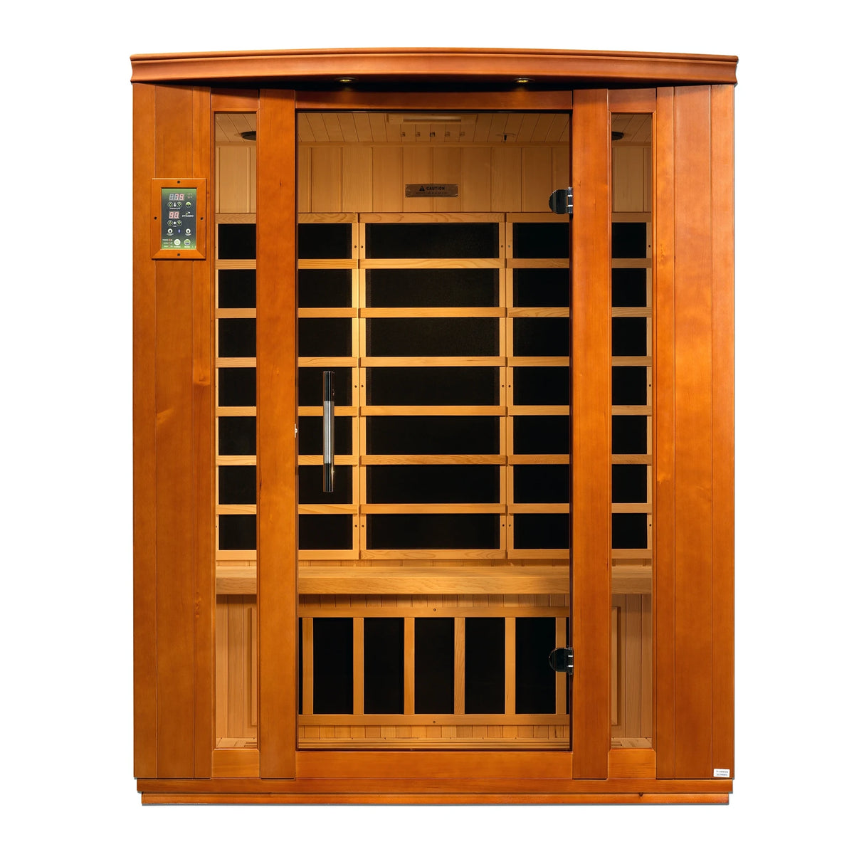 Dynamic Saunas Bellagio FAR Infrared Sauna in Canadian Hemlock, featuring nine carbon heating panels, Bluetooth music system, chromotherapy lighting, and spacious design for three people. Sleek tempered glass door with side windows and roof vent, easy setup, and 5-year warranty ensure a luxurious home sauna experience.