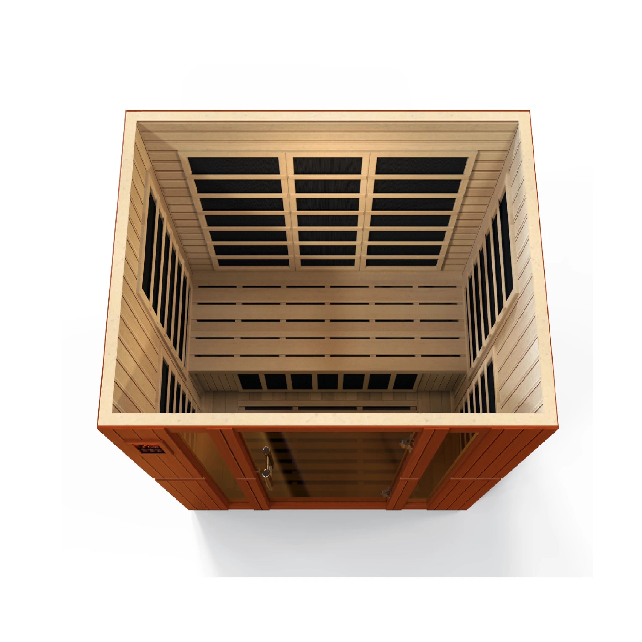 Dynamic Saunas Bellagio FAR Infrared Sauna in Canadian Hemlock, featuring nine carbon heating panels, Bluetooth music system, chromotherapy lighting, and spacious design for three people. Sleek tempered glass door with side windows and roof vent, easy setup, and 5-year warranty ensure a luxurious home sauna experience.