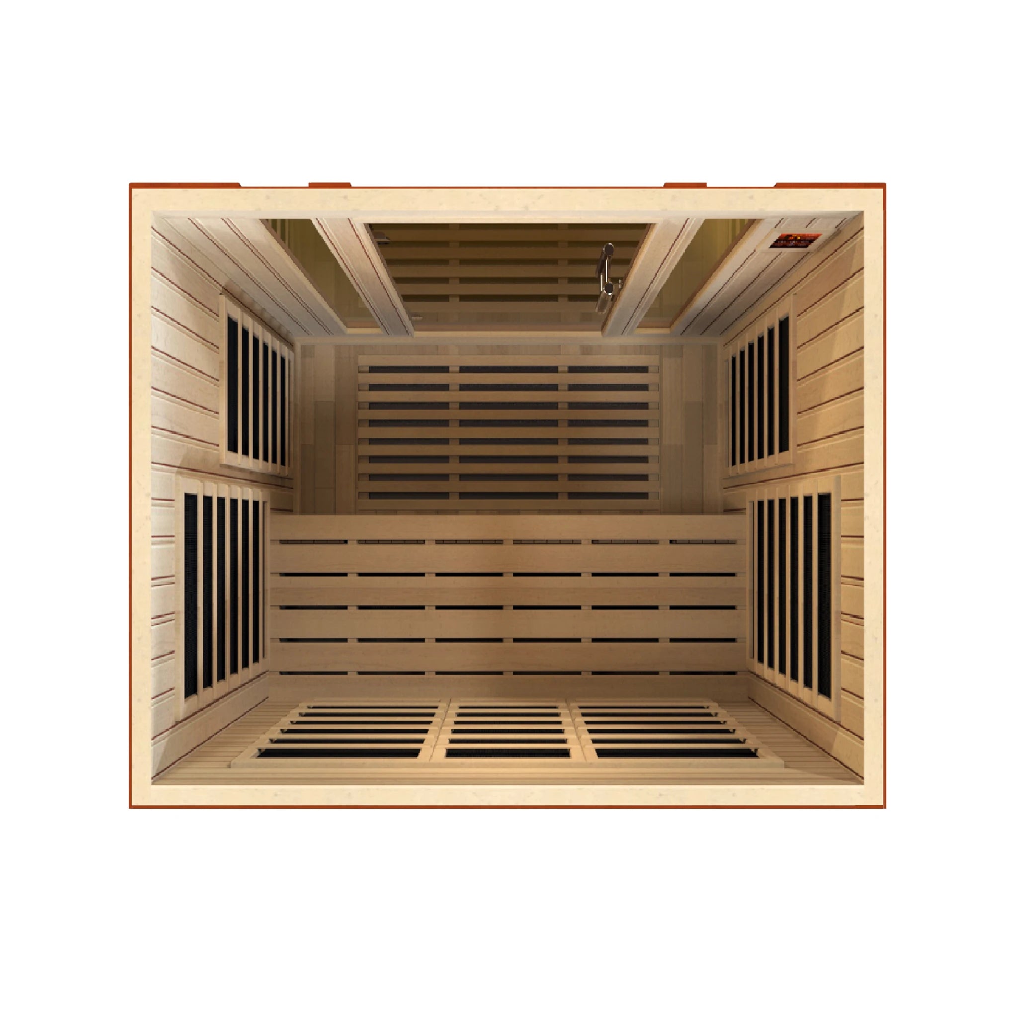 Dynamic Saunas Bellagio FAR Infrared Sauna in Canadian Hemlock, featuring nine carbon heating panels, Bluetooth music system, chromotherapy lighting, and spacious design for three people. Sleek tempered glass door with side windows and roof vent, easy setup, and 5-year warranty ensure a luxurious home sauna experience.