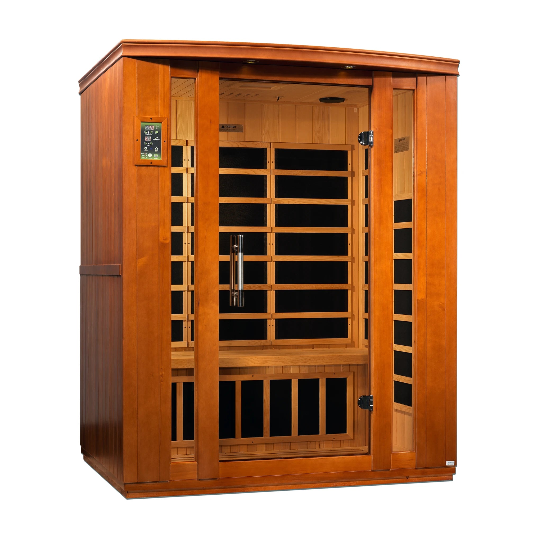 Dynamic Saunas Bellagio FAR Infrared Sauna in Canadian Hemlock, featuring nine carbon heating panels, Bluetooth music system, chromotherapy lighting, and spacious design for three people. Sleek tempered glass door with side windows and roof vent, easy setup, and 5-year warranty ensure a luxurious home sauna experience.