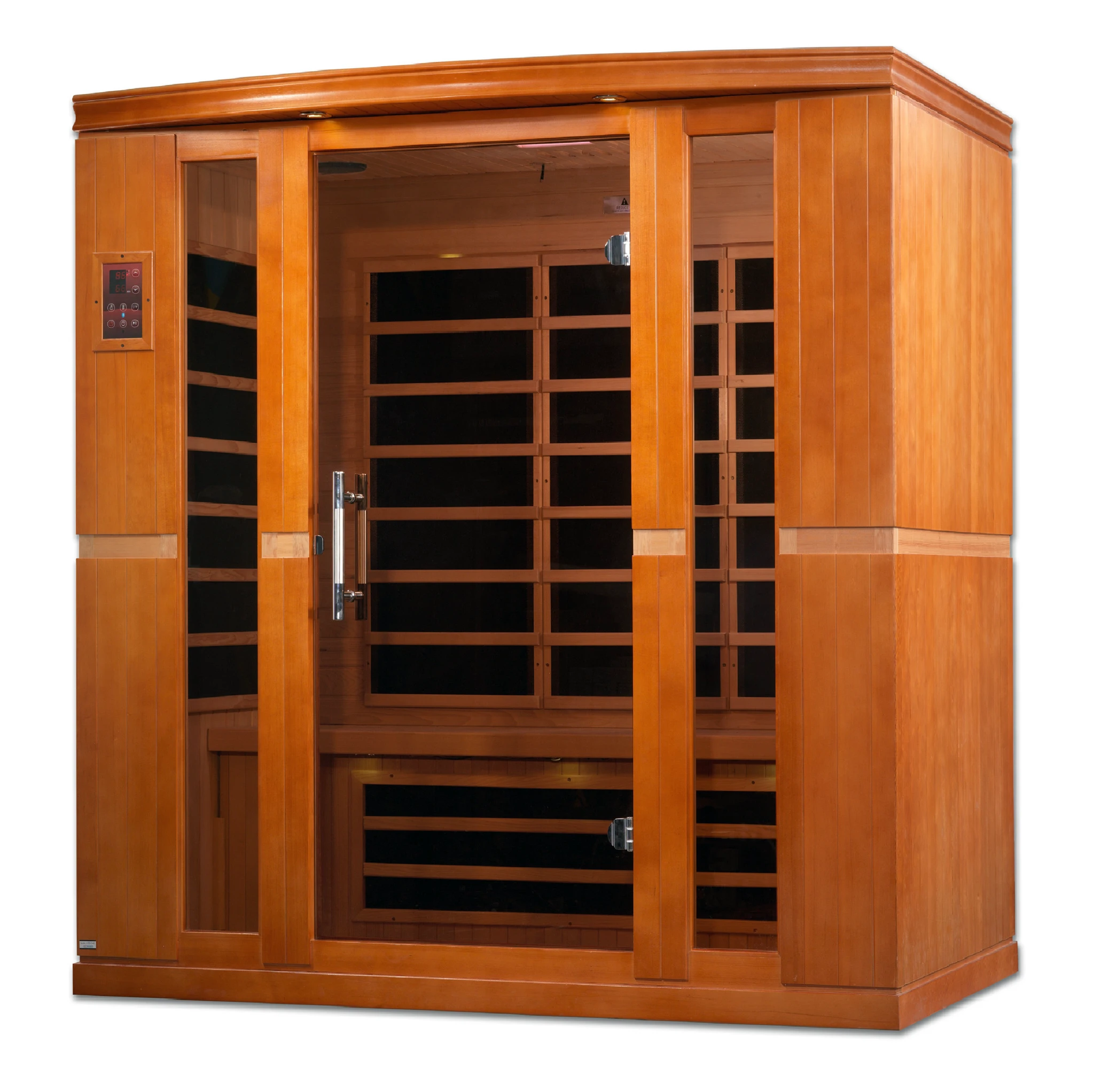 Dynamic Saunas Bergamo FAR Infrared Sauna in Canadian Hemlock, featuring eight carbon heating panels, Bluetooth music system, chromotherapy lighting, and spacious design for up to four people, with sleek tempered glass door, roof vent, easy setup, and 5-year warranty for a luxurious home sauna experience.